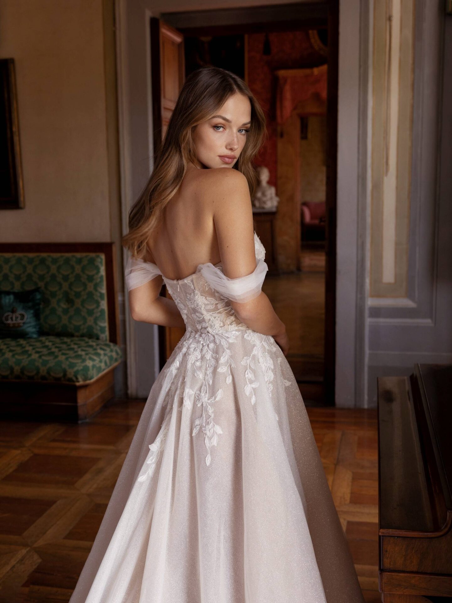 Sequined Off-the-Shoulder Ball Gown Wedding Dress With Slit