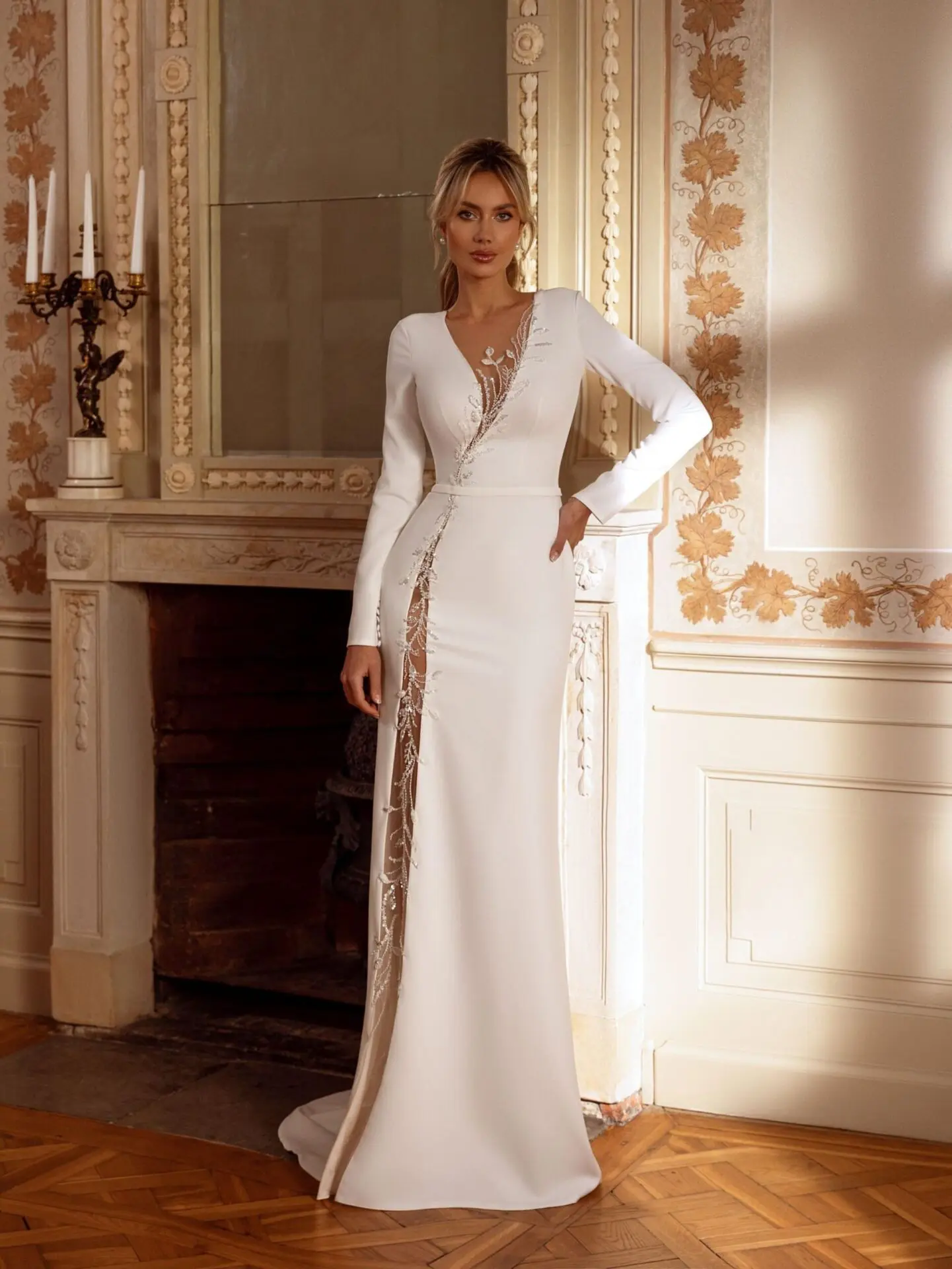long v-neck silk long sleeve sheath wedding dress - TRESOR - Lucia Sposa  Bridal Online Shop